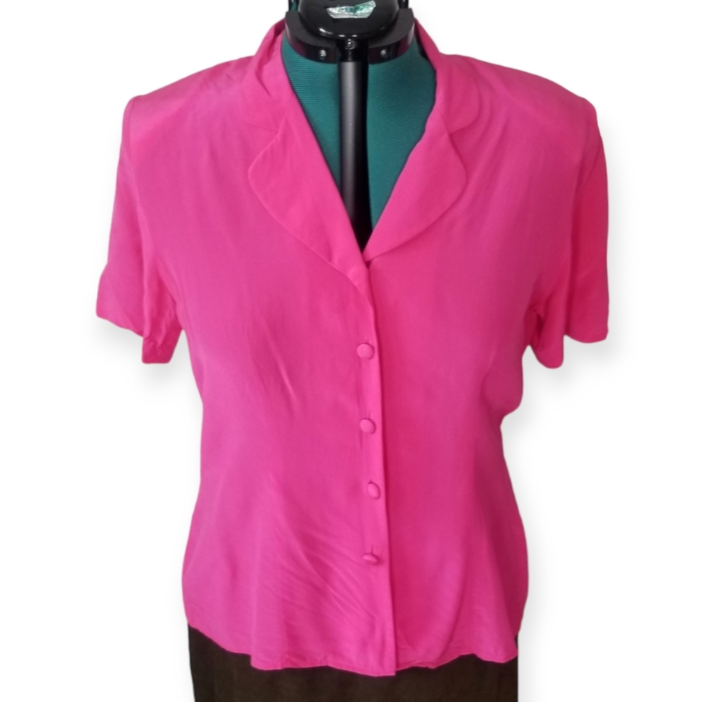 Vintage Hot Pink Silk Blouse by Liz Claiborne Barbiecore 12 - Picture 1 of 8